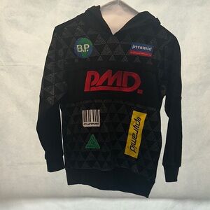 Black Graphic Hoodie with Red and Yellow Accents